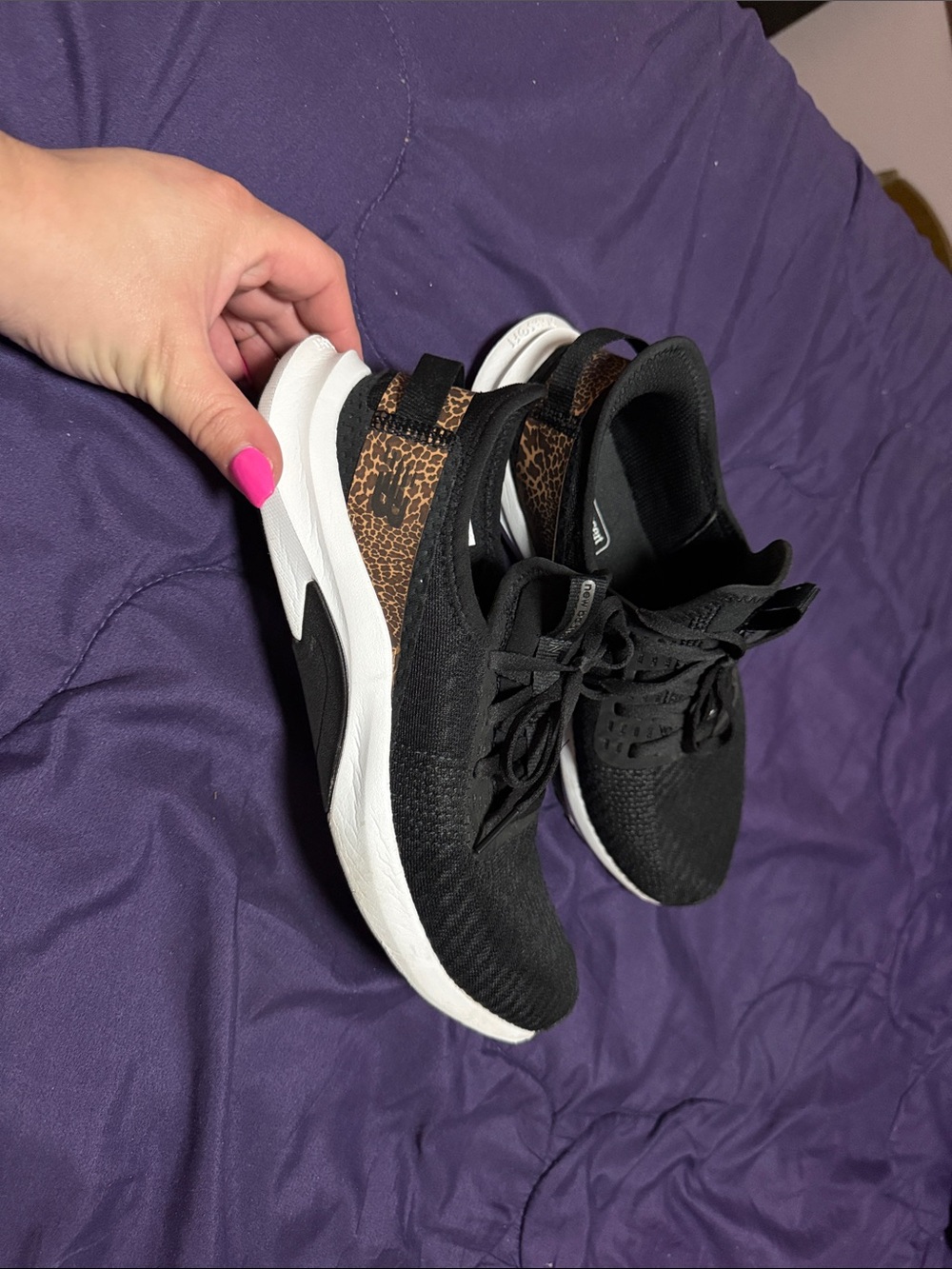 New Balance Women’s Black Knit Running Shoes with Leopard Heel Accent